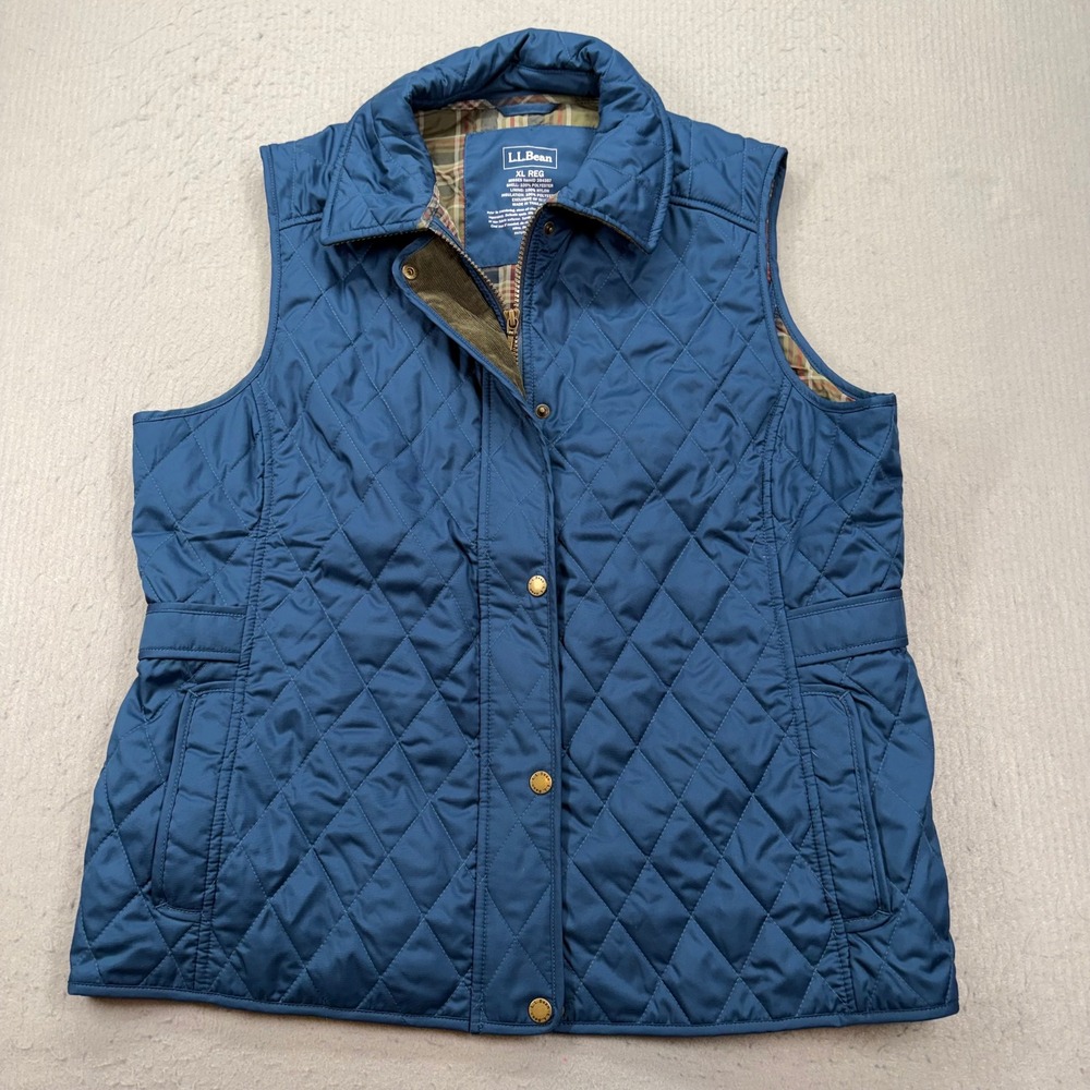 L.L.Bean Quilted Vest Misses XL Blue Upcountry Plaid Lined 284357